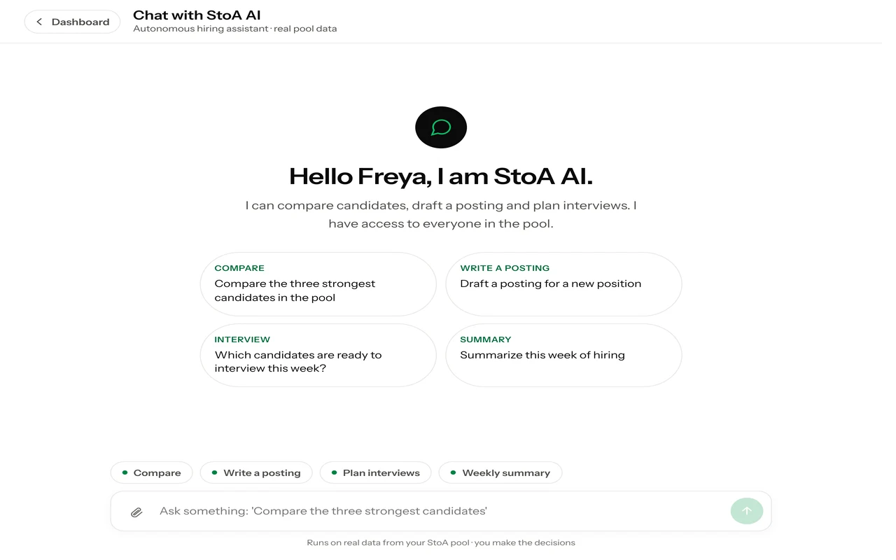 Chat to CV comparing candidates, suggesting actions, and opening relevant hiring screens